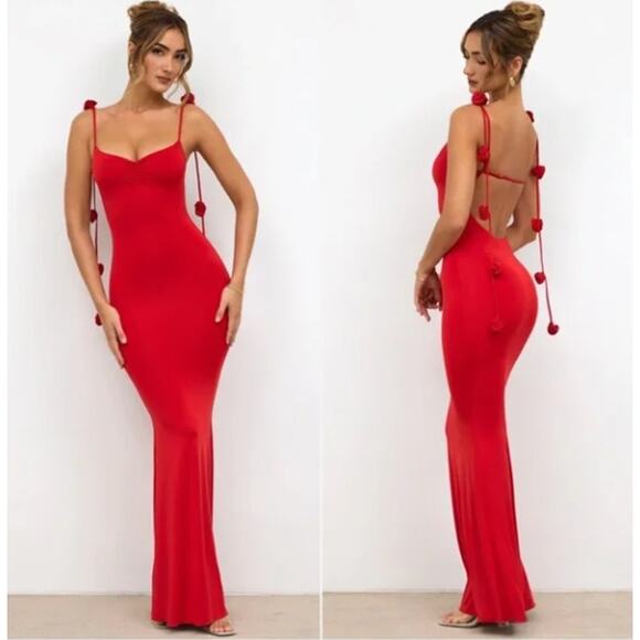 OH POLLY aldona slinky jersey rose detail evening gown in scarlet red 6 - Picture 1 of 10